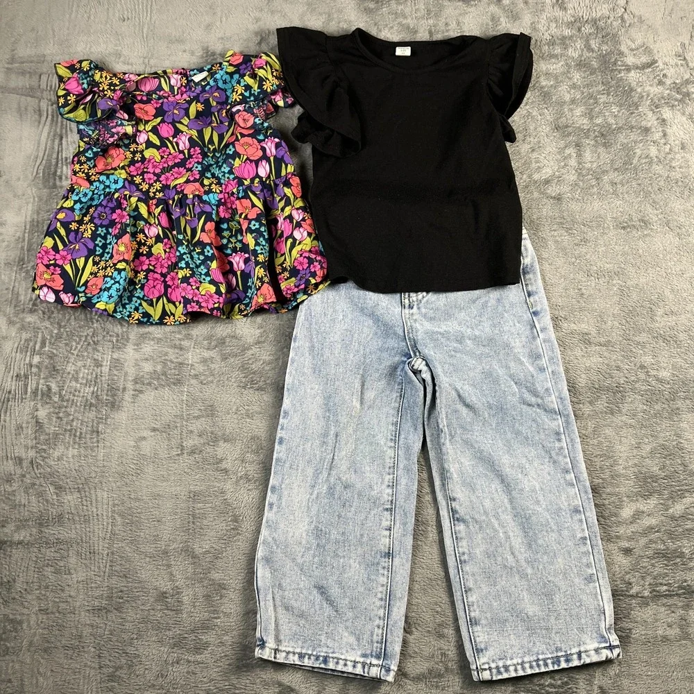 Shein Blouse Set Girls 5Y Multi Floral Butterfly Sleeve Straight Jeans Lot Of 3